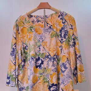 NWT - Alfred Dunner Lemon & Floral Print Top, 2X Yellow/White/Blue/Green Floral